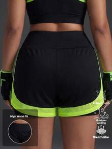 Powerista Women's Plus Size Black & Green Mesh Colorblock 2 In 1 Shorts - Black - View 3