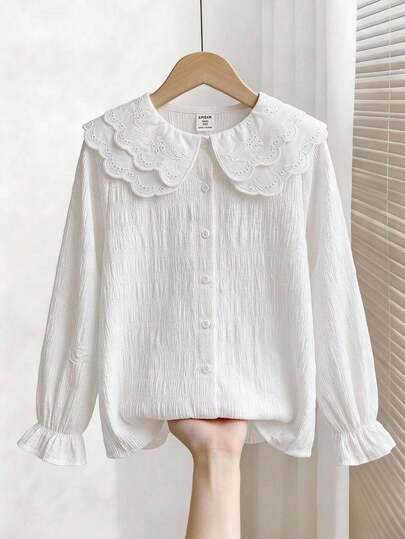 Teen Girl Girls Spring/Summer New White Collared Front Button-Down Single-Breasted All-Match Versatile Minimalist Premium Blouse Fall/Winter Outfits