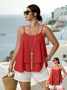 SHEIN LUNE CURVE Atasan dan Rompi Halter Kasual Liburan Musim Panas Seksi Tenun Ukuran Plus - Merah - View 6