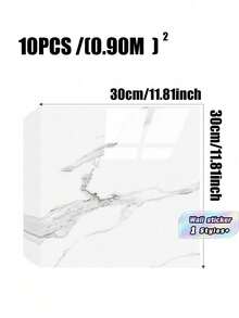 10-Piece Set (0.9m²) White Faux Marble Tile-Effect Self-Adhesive Wall Stickers – Waterproof, Moisture-Resistant, And Ideal For Covering Imperfections (Aluminum-Plastic Composite Material) - White - View 11