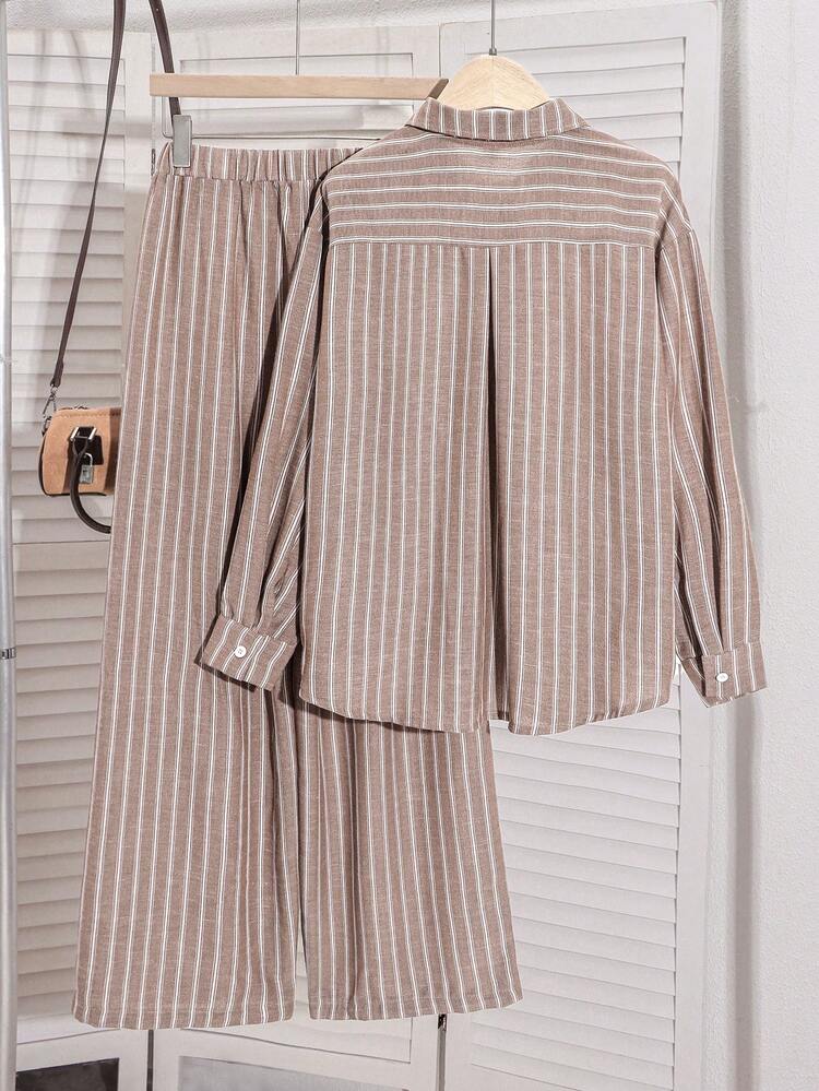 SHEIN طقم كاجوال للبنات المراهقات بتصميم فارس مخطط، قميص بأكمام طويلة وأزرار أمامية وبنطلون واسع الساق - متعدد الألوان - مشاهدة 2
