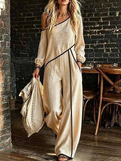 SHEIN Women's Spring Summer Autumn Apricot Textured Asymmetric Neck Cold Shoulder Black Contrast Line Waist-Cinching Long Sleeve Wide Leg Jumpsuit