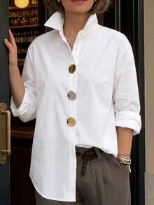 Weeklong Women's Plus Size Spring/Autumn Single Piece Stand Collar Metal Button White Shirt, Loose Drop Shoulder Style, Mature Casual Versatile Blouse Fall - White - View 1