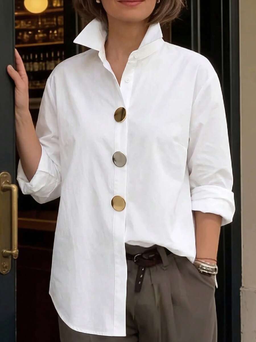 Weeklong Women's Plus Size Spring/Autumn Single Piece Stand Collar Metal Button White Shirt, Loose Drop Shoulder Style, Mature Casual Versatile Blouse Fall - White - View 1