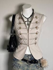 Attitoon Y2K Napoleon Fashion Vintage-Style Woven Buttons Button Decor Vest - Apricot - View 1