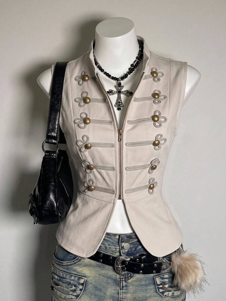Attitoon Y2K Napoleon Fashion Vintage-Style Woven Buttons Button Decor Vest - Apricot - View 1