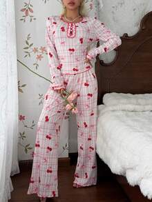 CottageSlumber Women's Plaid Cherry Bow Print Frill Trim Round Neck Long Sleeve Pants Pajama Set - Pink - View 4