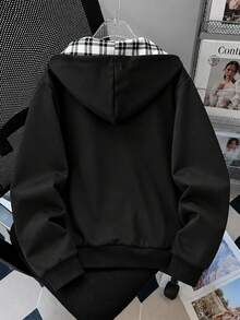 SHEIN 青少年女孩休閒時尚連帽長袖寬鬆短版運動衫外套，連帽內側格紋圖案，黑色主體，胸前白色馬匹圖案，適合度假與通勤的百搭街頭風，1件 - 黑色 - 查看 2