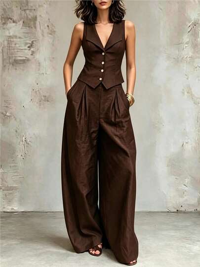 LUMIGAL Conjunto de 2 piezas estilo Old Money vintage francés para mujer, elegante y de alta gama, chaleco sin mangas y pantalones largos, adecuado para uso diario, casual, negocios y otras ocasiones, versátil y práctico, atuendo de moda para ir al trabajo, ropa de oficina de negocios, atuendo profesional de maestra urbana