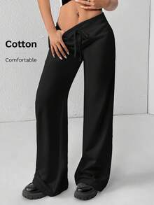 SHEIN PETITE Quần nỉ nữ ống rộng cạp thấp dệt kim trơn thoải mái phong cách thường ngày, dành cho nữ petite - màu đen - Xem 11