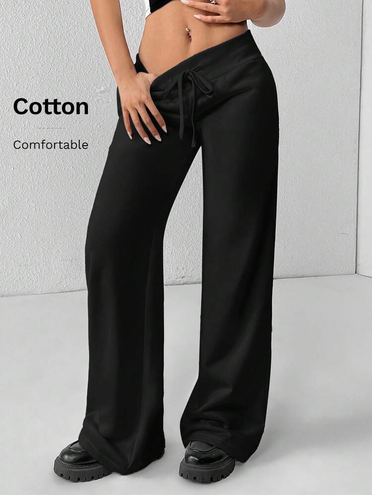 SHEIN PETITE Comfortable And Casual Plain Knit Low-Rise Wide-Leg Women Sweatpants ,Petite Women - Black - View 10
