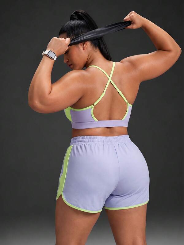 Powerista Women's Plus Size Colorblock Criss-Cross Back Sports Bra And Shorts Set