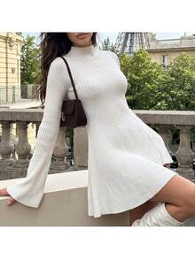 Privoire Women's Elegant Commute Solid Color Stand Collar Knit Dress - White - View 8