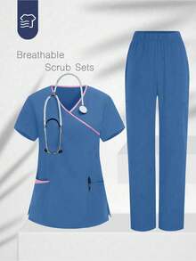 TaskEZ Conjunto de uniforme de enfermería con top de manga corta con cuello en V y pantalones de unicolor con patchwork - Azul - Ver 1