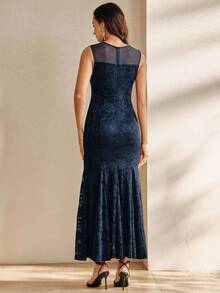 Anewsta Summer Holiday Romantic Lace Splice Mesh Collar Delicate Floral Decor Fishtail Hem Party Elegant Dress For Women - Navy Blue - View 2