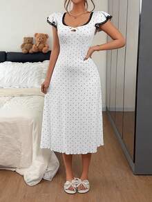 Napfluff Contrast Color Lace Trim Patchwork Knit Casual Square Neck Fitted Short Flutter Sleeve Women's Nightgown - White - View 7