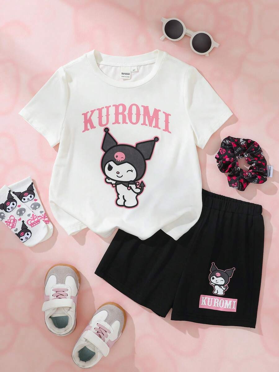 HELLO KITTY AND FRIENDS | SHEIN Setelan 2 potong: Kaos Lengan Pendek Leher Bulat Bergambar Kartun Lucu untuk Anak Perempuan dan Celana Pendek Longgar - Hitam dan Putih - View 1