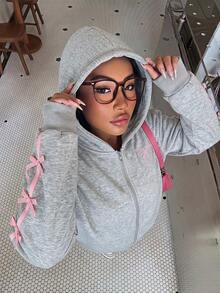 SHEIN 青少年女孩長袖返校時尚舒適灰色純色蝴蝶結拉鍊抓絨運動外套 - 灰色 - 查看 4