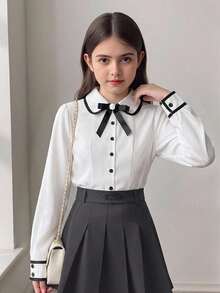 SHEIN Tween女孩 3D蝴蝶結裝飾單排扣百褶襯衫 - 彩色 - 查看 1