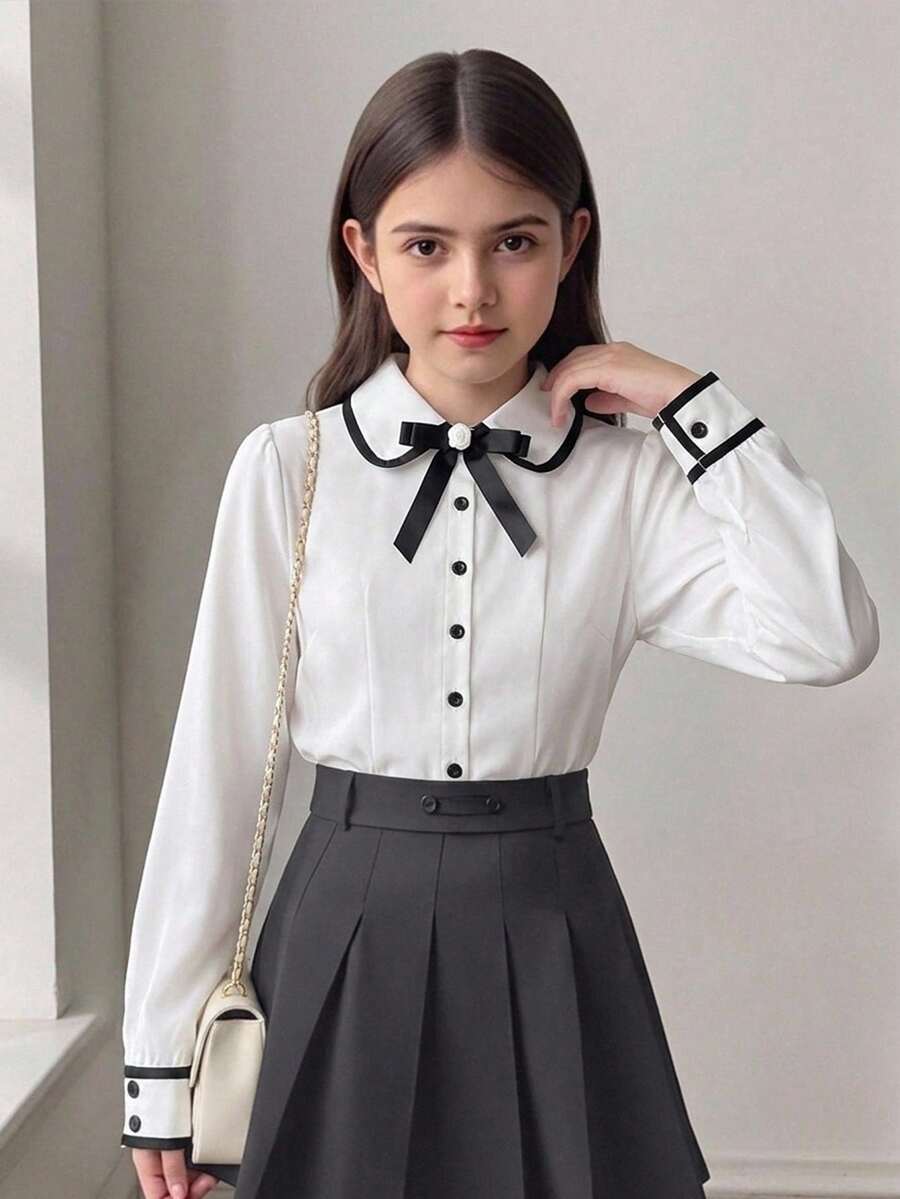 SHEIN Tween女孩 3D蝴蝶結裝飾單排扣百褶襯衫 - 彩色 - 查看 1