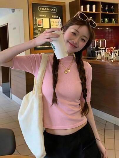 CovetEZ Women's Solid Color Stand Collar Slim Fit Versatile Daily Knit Top Soft Pink Summer Casual Simple Elegant Everyday Date Everyday Holiday Holiday