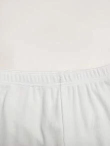 SHEIN Tween女孩休閒基礎運動居家穿著修身顯瘦寬腰頭針織純色高腰緊身褲 白色極簡羅紋紋理 - 白色 - 查看 5