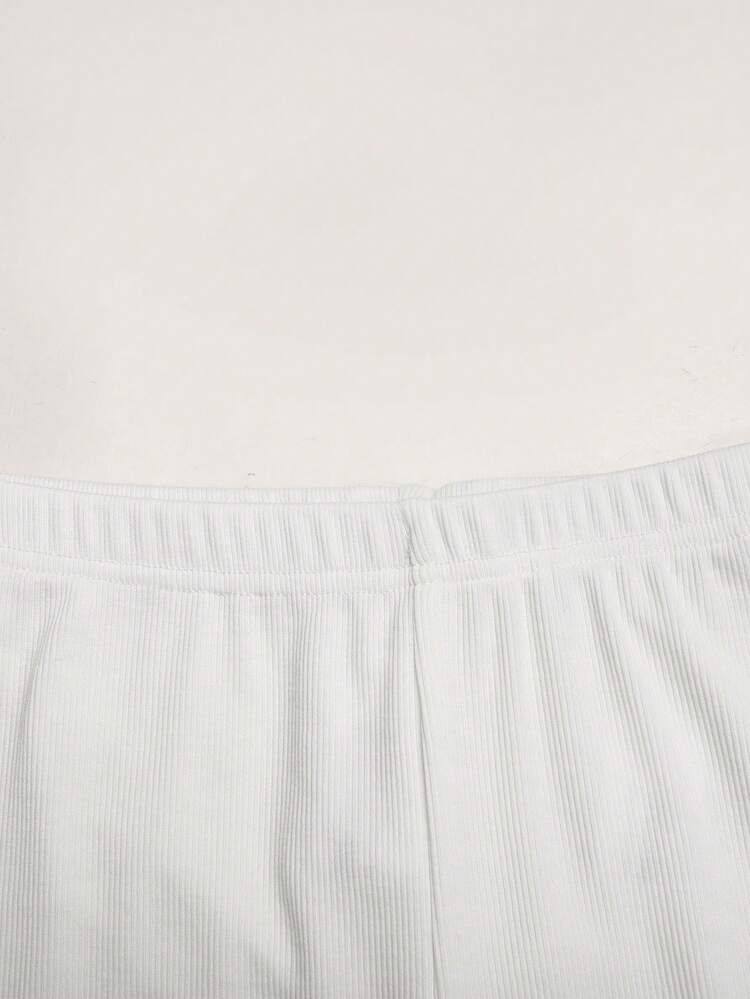 SHEIN Tween Girl Casual Basic Sports Home Wear Slim Fit Wide Waistband Knit Solid Color High Elasticity Leggings Cycling Pants White Minimalist Ribbed Texture Tween Girl - White - View 5