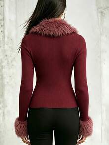 Trelyra Women's Red Fur Collar Front Zipper Slim Fit Jacket - Red - View 2