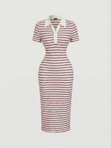SHEIN MOD 休闲条纹短袖Polo领修身中长连衣裙，夏季野餐装扮，女士户外烧烤装扮，夏季工作连衣裙，春季女装，女士连衣裙，2025年办公室连衣裙穿搭灵感 - 粉色 - 查看 4