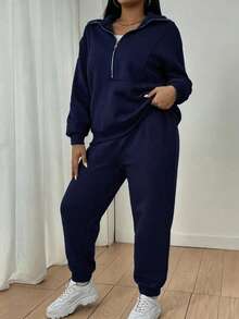 Maweii Women's Plus Size Zipper Half Placket Sweatshirt And Sweatpants Set Fall - Navy Blue - View 3