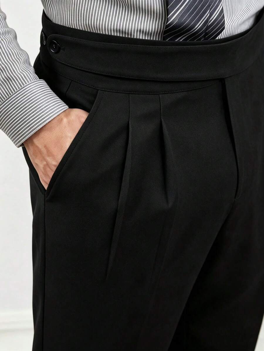 Core Aspect Men's Solid Color Mid-Waist Double Pleated Straight Leg Casual Business Ankle Pants With Zipper And No Belt Loops
