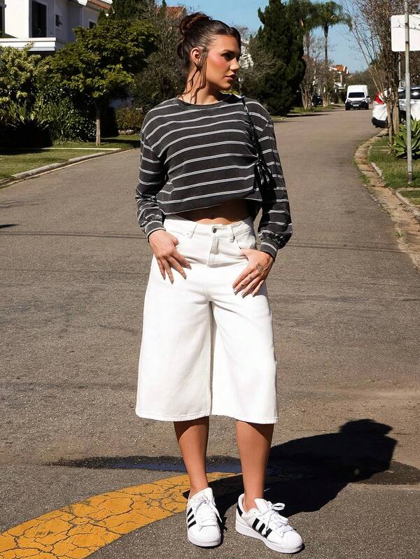 Vivi Wanderley Women's White Loose Casual Straight Leg Cropped Jeans Jorts
