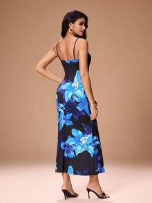 Glamance Black & Blue Floral Print Spaghetti Strap High Elasticity Bodycon Dress, Elegant Mature Style For Party, Wedding Guest, Bridesmaid, Vacation - Black - View 2