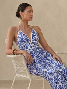 Swim Oasis Women's Vacation Botanical Print Wide Leg Halter Neck Jumpsuit Blue And White Summer European Tropical - Black and White - View 5