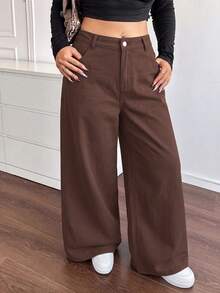 SHEIN ICON 大尺碼女款寬腿寬鬆休閒牛仔褲，附口袋 - 棕色 - 查看 6