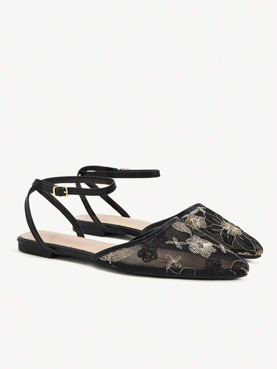 CUCCOO CHICEST Women's Mesh Embroidered Flat-Soled Shoes Fall Shoes - Black - View 1