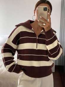 DAZY 商務休閒條紋長袖半拉鍊套頭衫 - 棕色 - 查看 6