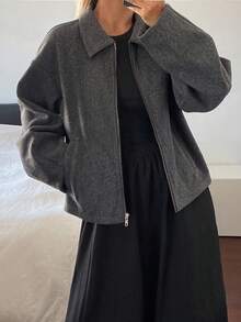 DAZY Women's Solid Color Loose Fit Lapel Zip-Up Long Sleeve Casual Streetwear Spring Autumn Wool Jacket - Grey - View 3
