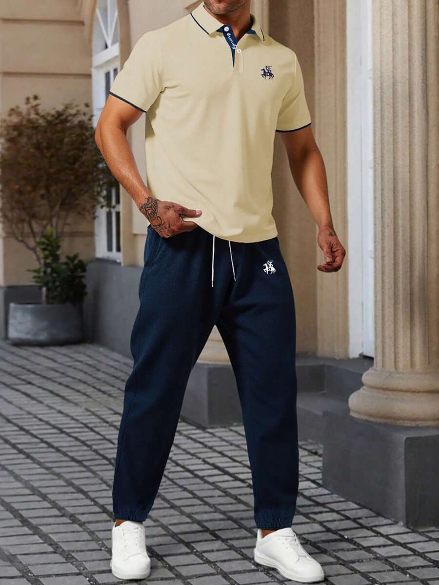 Manfinity Homme 男士夏季休閒短袖 Polo 衫與長褲 2 件套 - 彩色 - 查看 1