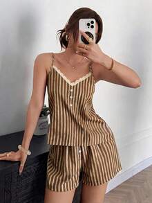 Napfluff Lace Trim Color Block Striped Camisole Pajama Set - Coffee Brown - View 5