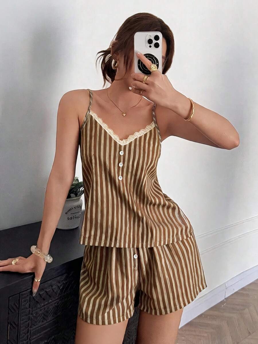 Napfluff Lace Trim Color Block Striped Camisole Pajama Set - Coffee Brown - View 1