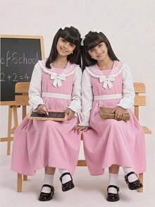 Tween Girl Colorblock Bow Decor Patchwork Ruffle Hem Long Sleeve Preppy Dress School Pinafore - Pink - View 1