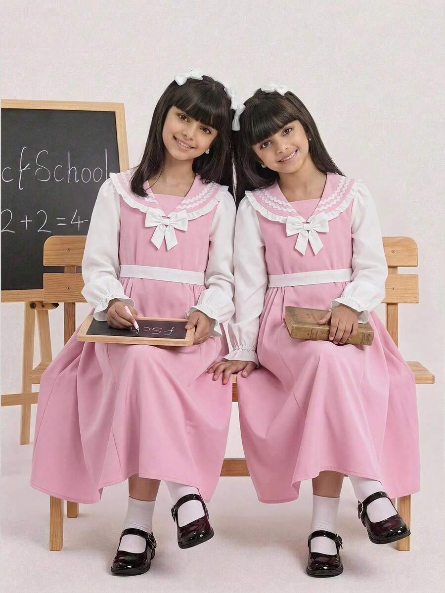Tween Girl Colorblock Bow Decor Patchwork Ruffle Hem Long Sleeve Preppy Dress School Pinafore - Pink - View 1