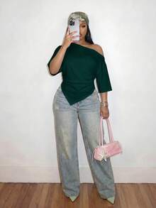 Slaydiva 2026 Spring/Summer Women's Plus Size Solid Color Asymmetric T-Shirt - Dark Green - View 3