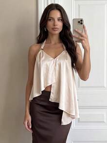 Privoire Women's Solid Color Metal Decor Casual Versatile Daily Wear Halter Neck T-Shirt - Apricot - View 5