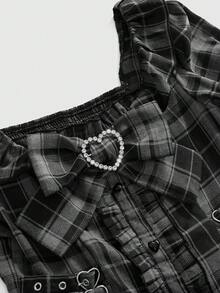ROMWE Dark Gothic Black & Grey Plaid Bow Petal Sleeve Fitted A-Line Mini Dress - Multicolor - View 12