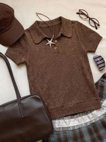 Livesso Women's Spring/Summer Brown Knit Loose Casual Polo Shirt With Collar And Short Sleeves - Khaki - View 8