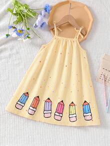 Elladie kids 女童套裝 1件裝 藍色條紋洋裝，卡通筆圖案裙擺附蝴蝶結飾品，細肩帶 A 字公主裙，適合日常休閒、旅行與度假，夏季度假洋裝 - 黃色 - 查看 2