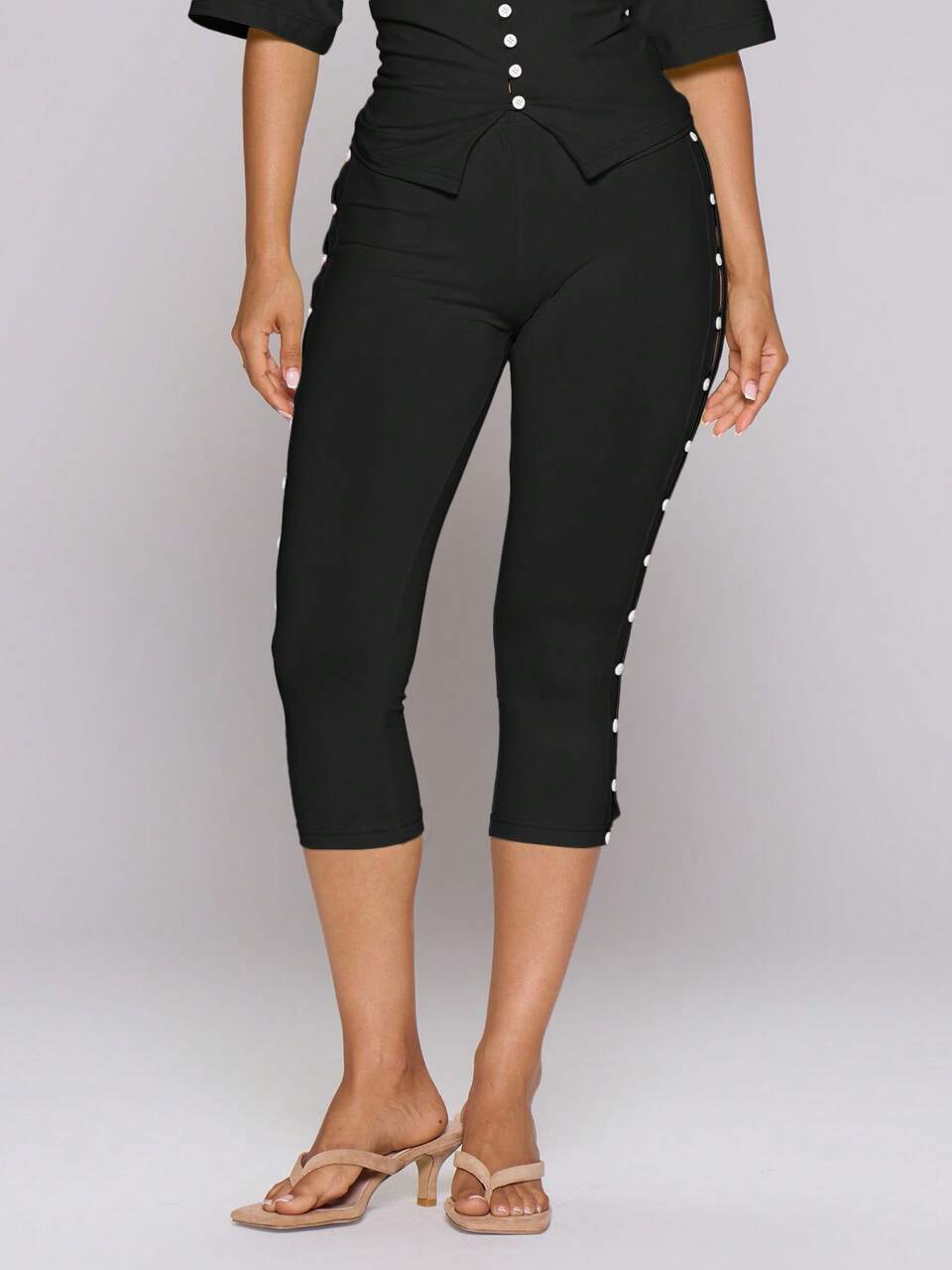 Black Knitted Button Side Fitted Capri Pant