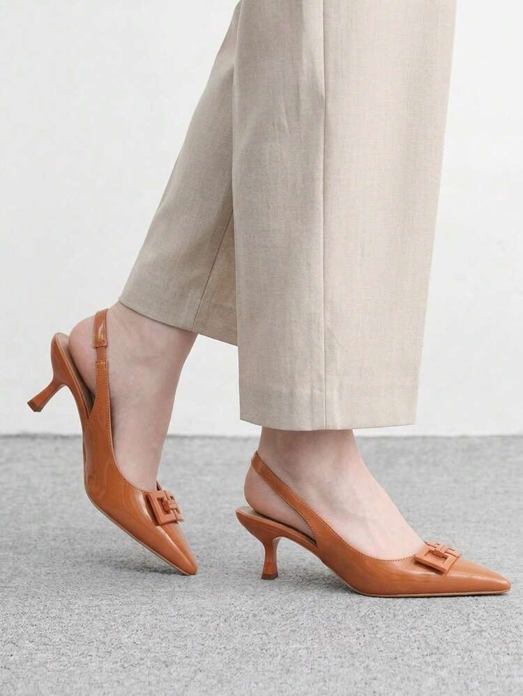 CUCCOO BIZCHIC Women's Spring/Summer Pointed Toe Slingback Patent Leather Mid-Heel Pumps, Multi-Color, Versatile For Commute, Date And Party - Apricot - View 6